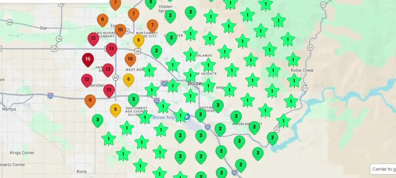 A grid scan of a med spa's Google Maps position across its market, ranking first across the east side of the city and dropping to 13th on the west