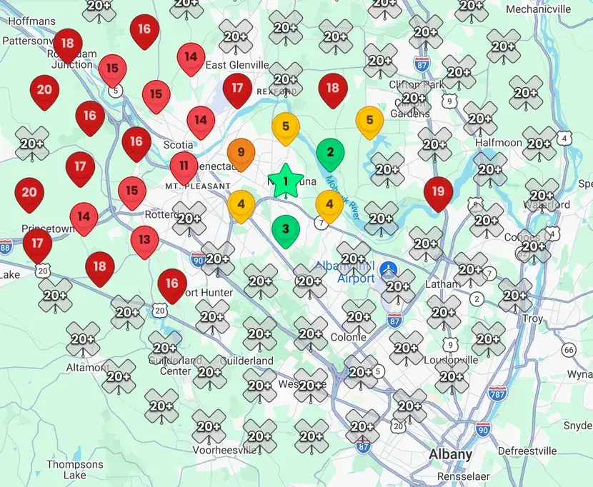 Sample rank map: Google Maps pins across a service area, each showing where the business ranks from that spot