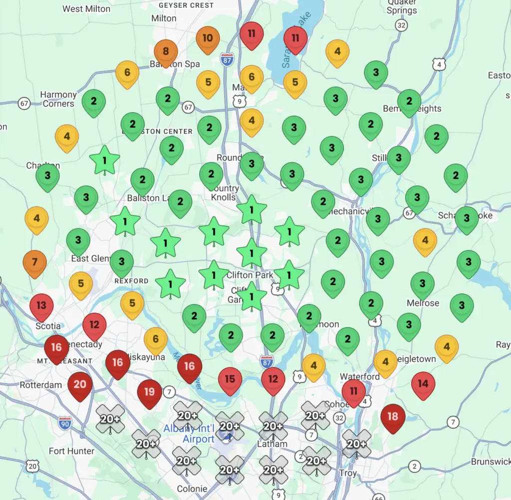 Sample map scan: a business ranks in the top 3 across most of its area and drops out of the top 20 at the edges